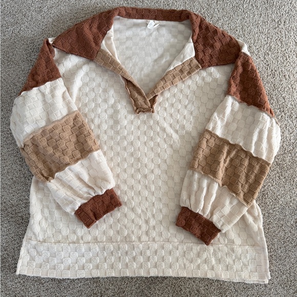 BiBi Sweaters - Bibi Textured Patchwork Exposed Seam V Neck Long Sleeve Top